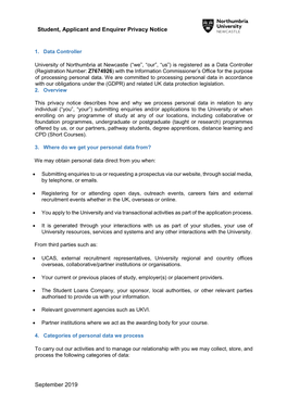 Student, Applicant and Enquirer Privacy Notice September 2019