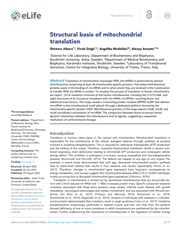 Structural Basis of Mitochondrial Translation Shintaro Aibara1†, Vivek Singh1,2, Angelika Modelska3‡, Alexey Amunts1,2*
