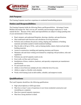 Job Purpose Duties and Responsibilities Qualifications Job