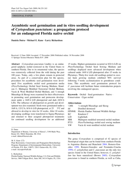 Asymbiotic Seed Germination and in Vitro Seedling Development of Cyrtopodium Punctatum: a Propagation Protocol for an Endangered Florida Native Orchid