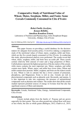 Comparative Study of Nutritional Value of Wheat, Maize, Sorghum, Millet, and Fonio: Some Cereals Commonly Consumed in Côte D’Ivoire