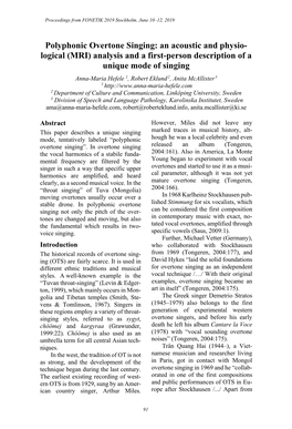 Polyphonic Overtone Singing: an Acoustic and Physio- Logical (MRI) Analysis and a First-Person Description of a Unique Mode of Singing