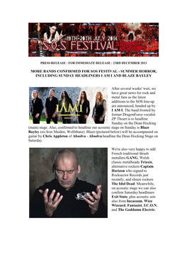 More Bands Confirmed for Sos Festival - Summer Horror, Including Sunday Headliners I Am I and Blaze Bayley