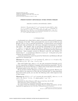 PERMUTATION BINOMIALS OVER FINITE FIELDS 1. Introduction A