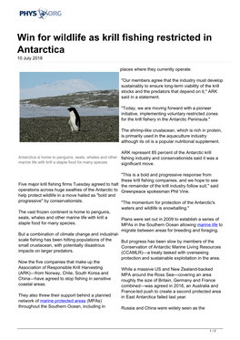 Win for Wildlife As Krill Fishing Restricted in Antarctica 10 July 2018