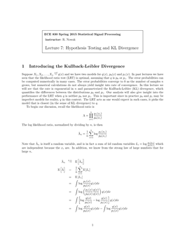 Lecture 7: Hypothesis Testing and KL Divergence 1 Introducing The