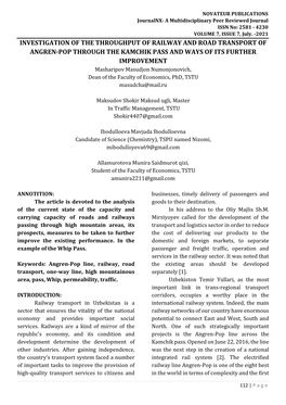 Investigation of the Throughput of Railway and Road Transport of Angren-Pop Through the Kamchik Pass and Ways of Its Further