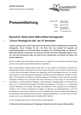 Bischof Dr. Stefan Oster SDB Eröffnet Vortragsreihe „Forum Theologie Für Alle“ Am 12