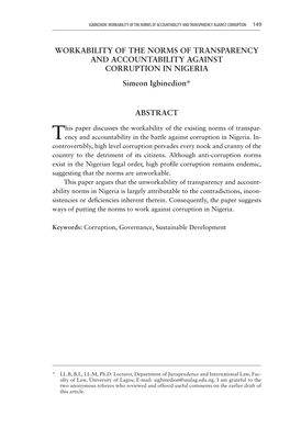 WORKABILITY of the NORMS of TRANSPARENCY and ACCOUNTABILITY AGAINST CORRUPTION in NIGERIA Simeon Igbinedion*