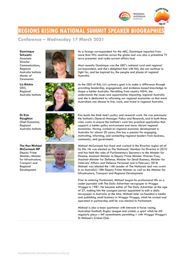 REGIONS RISING NATIONAL SUMMIT SPEAKER BIOGRAPHIES Conference – Wednesday 17 March 2021