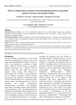 Effects of Antipsychotic Treatment on Haematological Parameters of Psychotic Patients in Tertiary Care Hospital of India