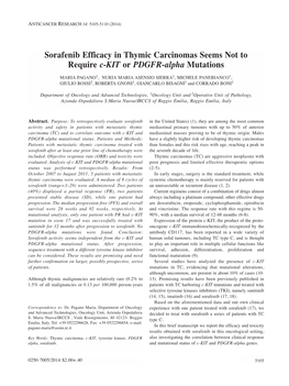 Sorafenib Efficacy in Thymic Carcinomas Seems Not to Require C-KIT Or PDGFR-Alpha Mutations