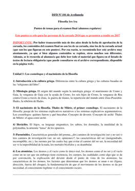 ISFD Nº 101 De Avellaneda Filosofía 1Ro 1Ra Punteo De Temas Para El Examen Final (Alumnos Regulares) Este Punte