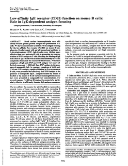 Low-Affinity Ige Receptor (CD23) Function on Mouse B Cells