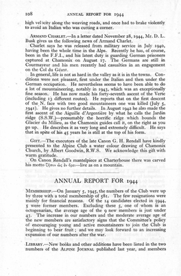 ANNUAL Report for 1944 High Vel·)City Along the Weaving Roads, and Once Had to Brake Violently to Avoid an Italian Who Was Cutting a Corner