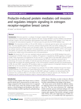 Prolactin-Induced Protein Mediates Cell Invasion and Regulates Integrin Signaling in Estrogen Receptor-Negative Breast Cancer Ali Naderi* and Michelle Meyer