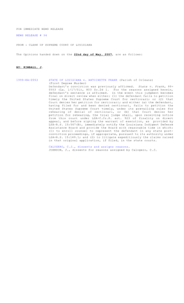 STATE of LOUISIANA V. ANTOINETTE FRANK (Parish of Orleans) (First Degree Murder) Defendant’S Conviction Was Previously Affirmed