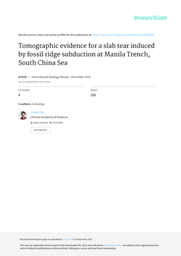 Tomographic Evidence for a Slab Tear Induced by Fossil Ridge Subduction at Manila Trench, South China Sea