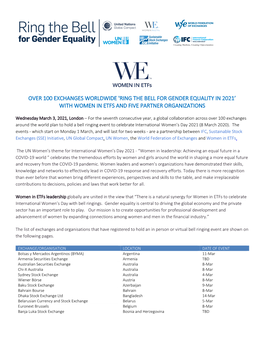 Over 100 Exchanges Worldwide 'Ring the Bell for Gender Equality in 2021' with Women in Etfs and Five Partner Organizations