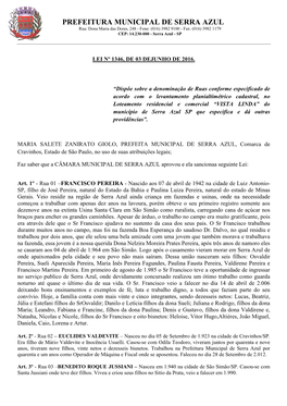 PREFEITURA MUNICIPAL DE SERRA AZUL Rua: Dona Maria Das Dores, 248 - Fone: (016) 3982 9100 - Fax: (016) 3982 1179 CEP: 14.230-000 - Serra Azul - SP