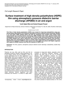 Surface Treatment of High Density Polyethylene (HDPE) Film Using Atmospheric Pressure Dielectric Barrier Discharge (APDBD) in Air and Argon