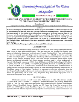 Medicinal Angiosperms Diversity of Rohilkhand Region (U.P.) to Cure Some Common Human Diseases