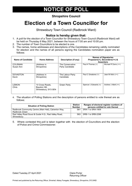 NOTICE of POLL Election of a Town Councillor