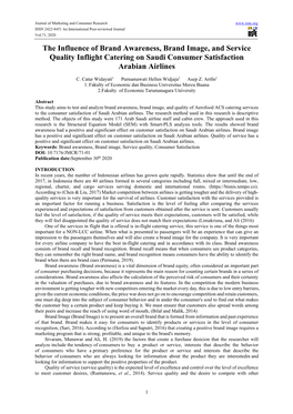 The Influence of Brand Awareness, Brand Image, and Service Quality Inflight Catering on Saudi Consumer Satisfaction Arabian Airlines