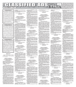 Classified Ads Ng PEOPLE’S BALITA 4 Ay Dapat Ipabatid Sa Amin Sa Mismong Araw Na Nalathala Ang Anunsiyo