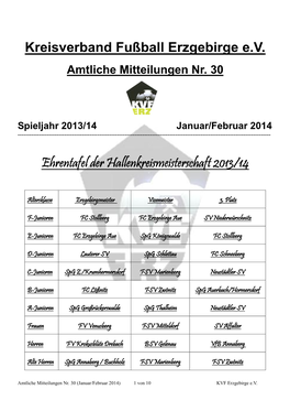 Kreisverband Fußball Erzgebirge E.V. Ehrentafel Der Hallenkreismeisterschaft 2013/14