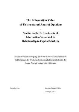 The Information Value of Unstructured Analyst Opinions – Studies on the Determinants of Information Value and Its Relationship to Capital Markets