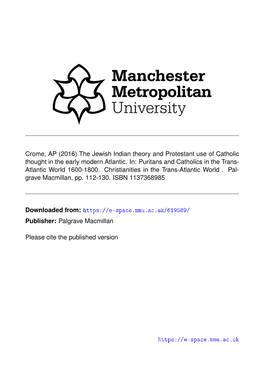 The Jewish Indian Theory and Protestant Use of Catholic Thought in the Early Modern Atlantic