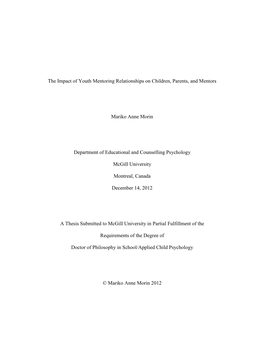 The Impact of Youth Mentoring Relationships on Children, Parents, and Mentors