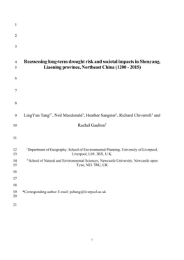 Reassessing Long-Term Drought Risk and Societal Impacts in Shenyang, 5 Liaoning Province, Northeast China (1200 - 2015)