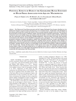 Potential Effects of Dams in the Geographic Range Expansion of Hylid Frogs Associated with Aquatic Macrophytes