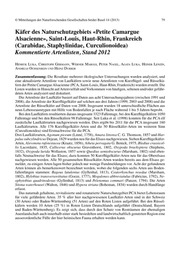Saint-Louis, Haut-Rhin, Frankreich (Carabidae, Staphylinidae, Curculionoidea) Kommentierte Artenlisten, Stand 2012