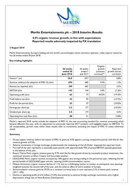 Merlin Entertainments Plc – 2018 Interim Results 4.5% Organic Revenue Growth, in Line with Expectations Reported Results Adversely Impacted by FX Translation