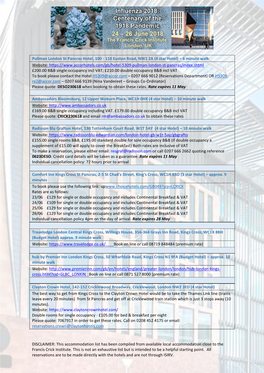 Accommodation List Has Been Compiled from Available Local Accommodation Close to the Francis Crick Institute