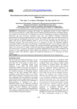 Phytochemical and Antibacterial Properties of Leaf Extract of Stereospermum Kunthianum (Bignoniaceae)