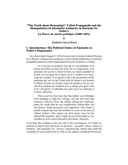 Veiled Propaganda and the Manipulation of Absolutist Authority in Eustache Le Noble’S La Pierre De Touche Politique (1688!1691) by Kathrina Ann Laporta