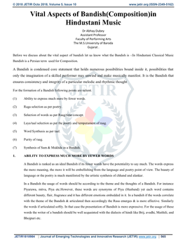 Vital Aspects of Bandish(Composition)In Hindustani Music Dr Abhay Dubey Assistant Professor Faculty of Performing Arts the M.S.University of Baroda Gujarat