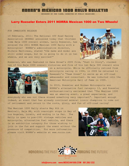 Larry Roeseler Enters 2011 NORRA Mexican 1000 on Two Wheels!