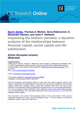 Unpacking the Hedonic Paradox: a Dynamic Analysis of the Relationships Between Financial Capital, Social Capital and Life Satisfaction