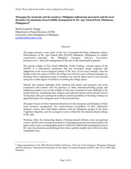 Managing the Mountain and the Monkeys: Philippine Millenarian Movement and the Local Dynamics of Community-Based Wildlife Management in Mt