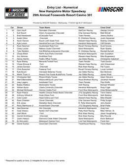 Entry List - Numerical New Hampshire Motor Speedway 29Th Annual Foxwoods Resort Casino 301