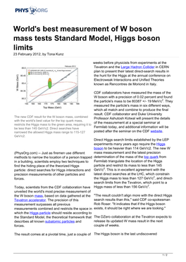 World's Best Measurement of W Boson Mass Tests Standard Model, Higgs Boson Limits 23 February 2012, by Tona Kunz