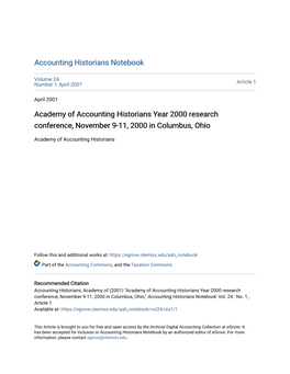 Academy of Accounting Historians Year 2000 Research Conference, November 9-11, 2000 in Columbus, Ohio