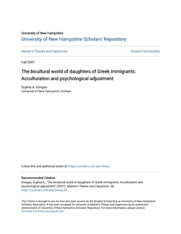 The Bicultural World of Daughters of Greek Immigrants: Acculturation and Psychological Adjustment