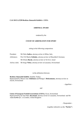 CAS 2013/A/3258 Besiktas Jimnastik Kulübü V. UEFA