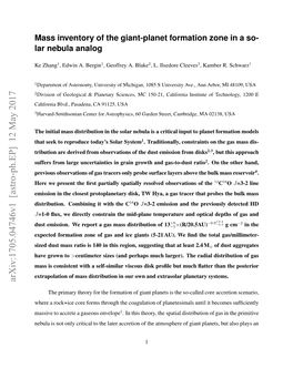 Mass Inventory of the Giant-Planet Formation Zone in a So- Lar Nebula Analog